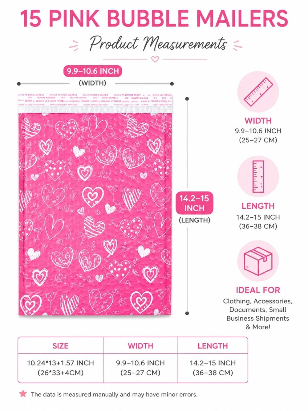 15 Pack Pink Heart Bubble Mailers 10x13 Poly Padded Shipping Envelopes